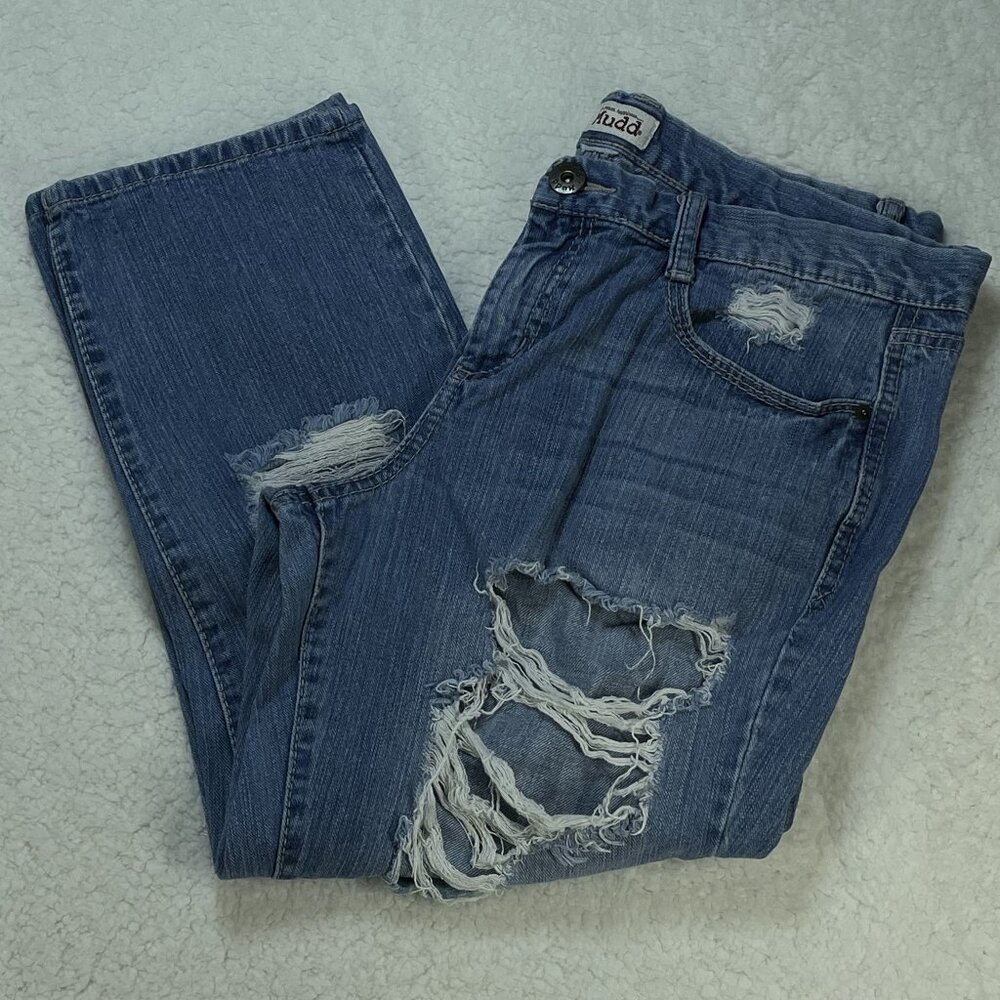 Mudd Capri Jeans Womens Sz 34 Blue Straight Leg Mid Rise Distressed 34x23